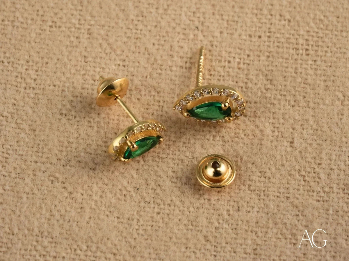 Emerald Halo 18K Gold Green CZ Earrings with Teardrop Green Cubic Zirconia