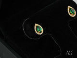 Emerald Halo 18K gold green CZ teardrop earrings with diamond halo