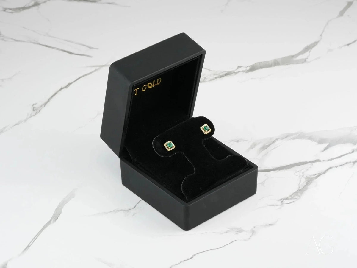 Emerald Radiance 18k Gold Green CZ Halo Stud Earrings in Velvet Box