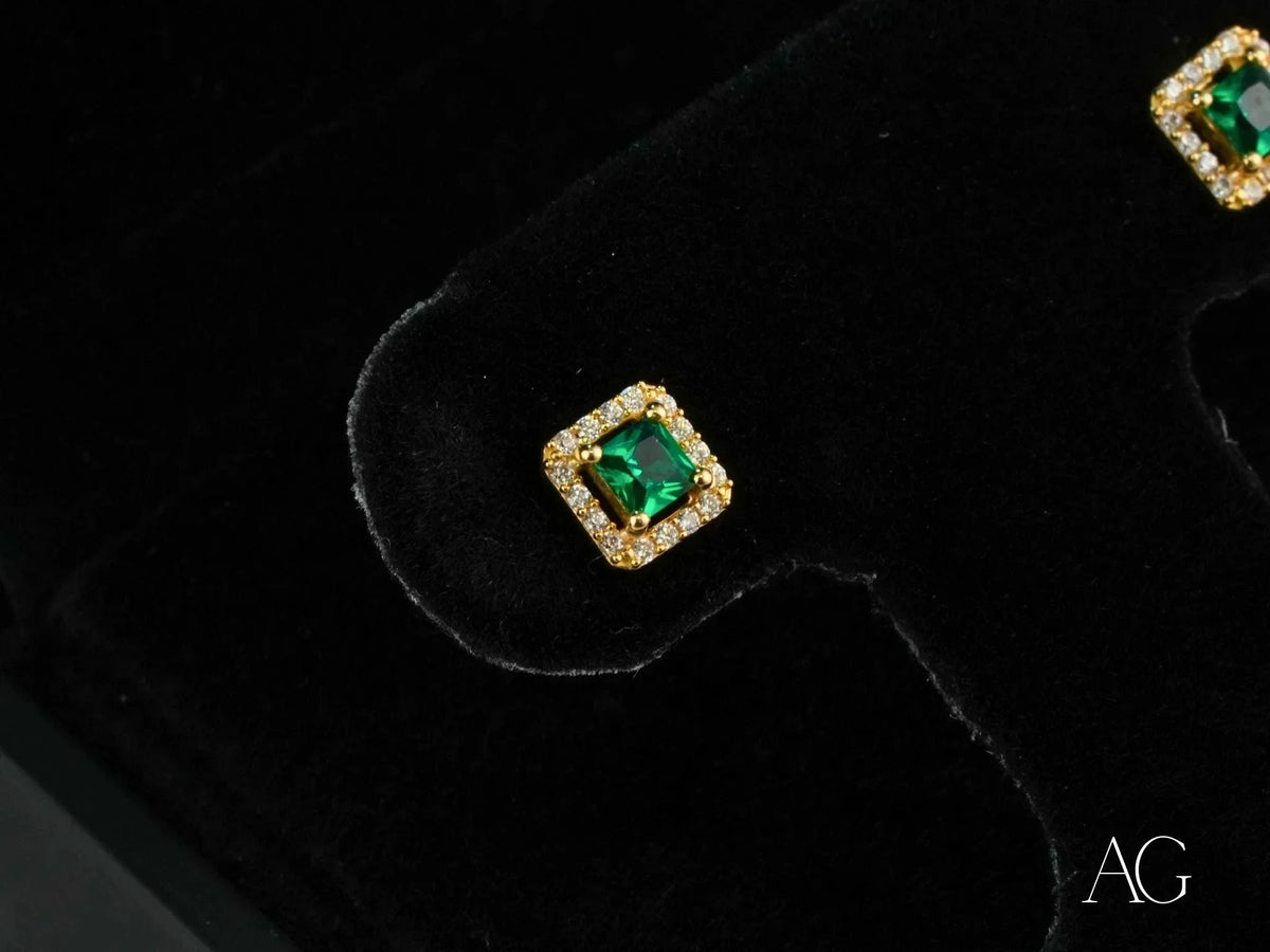 Emerald Radiance 18k gold halo stud earrings with green cubic zirconia