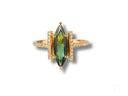 Emerald Whisper 18K gold green tourmaline marquise ring with pave diamonds
