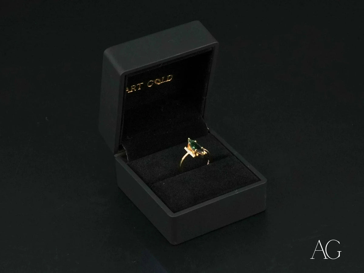 Emerald Whisper 18K gold green tourmaline ring in open black gift box