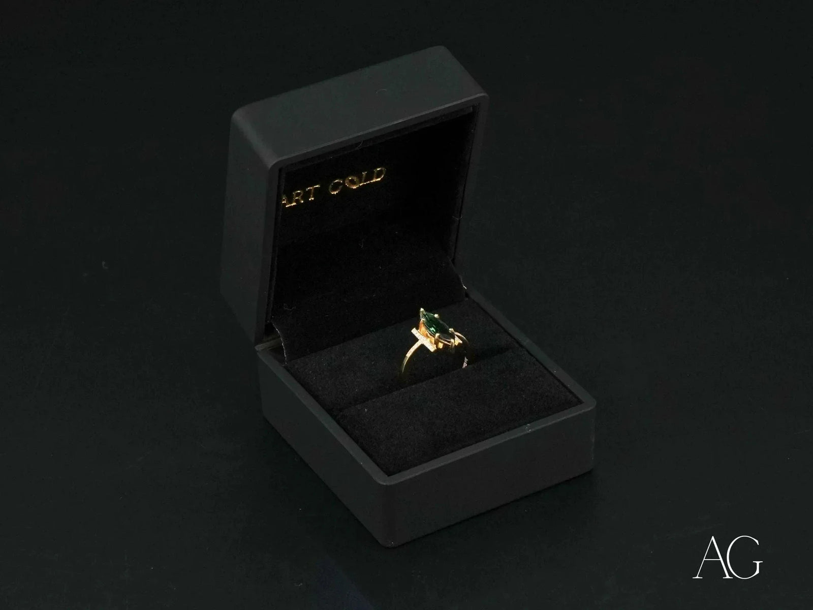 Emerald Whisper 18K gold green tourmaline ring in open black gift box