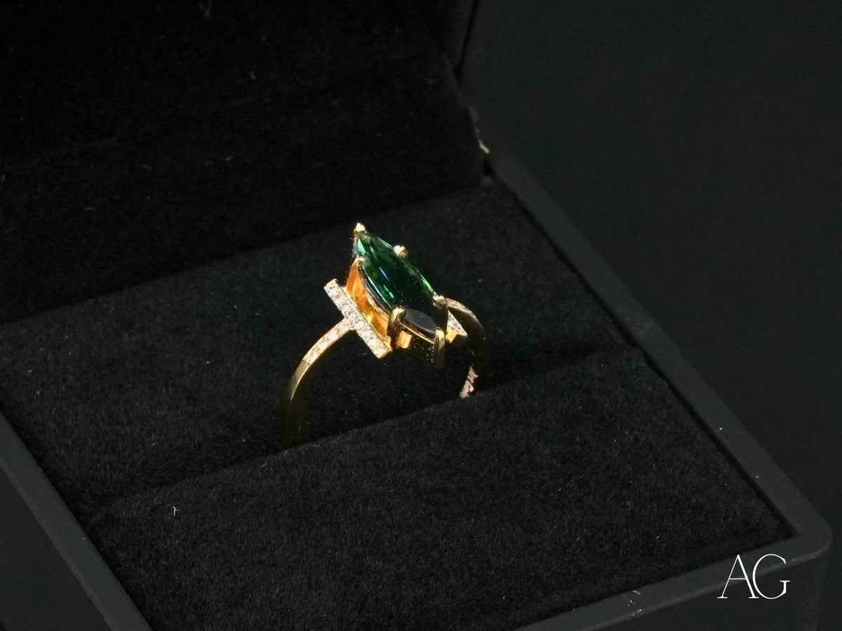 Emerald Whisper 18K gold green tourmaline marquise-cut ring with diamonds