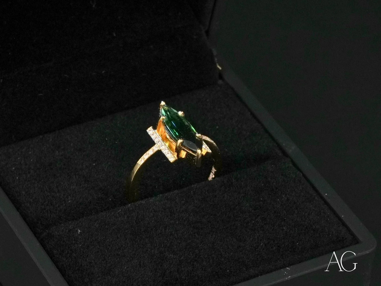 Emerald Whisper 18K gold green tourmaline marquise-cut ring with diamonds