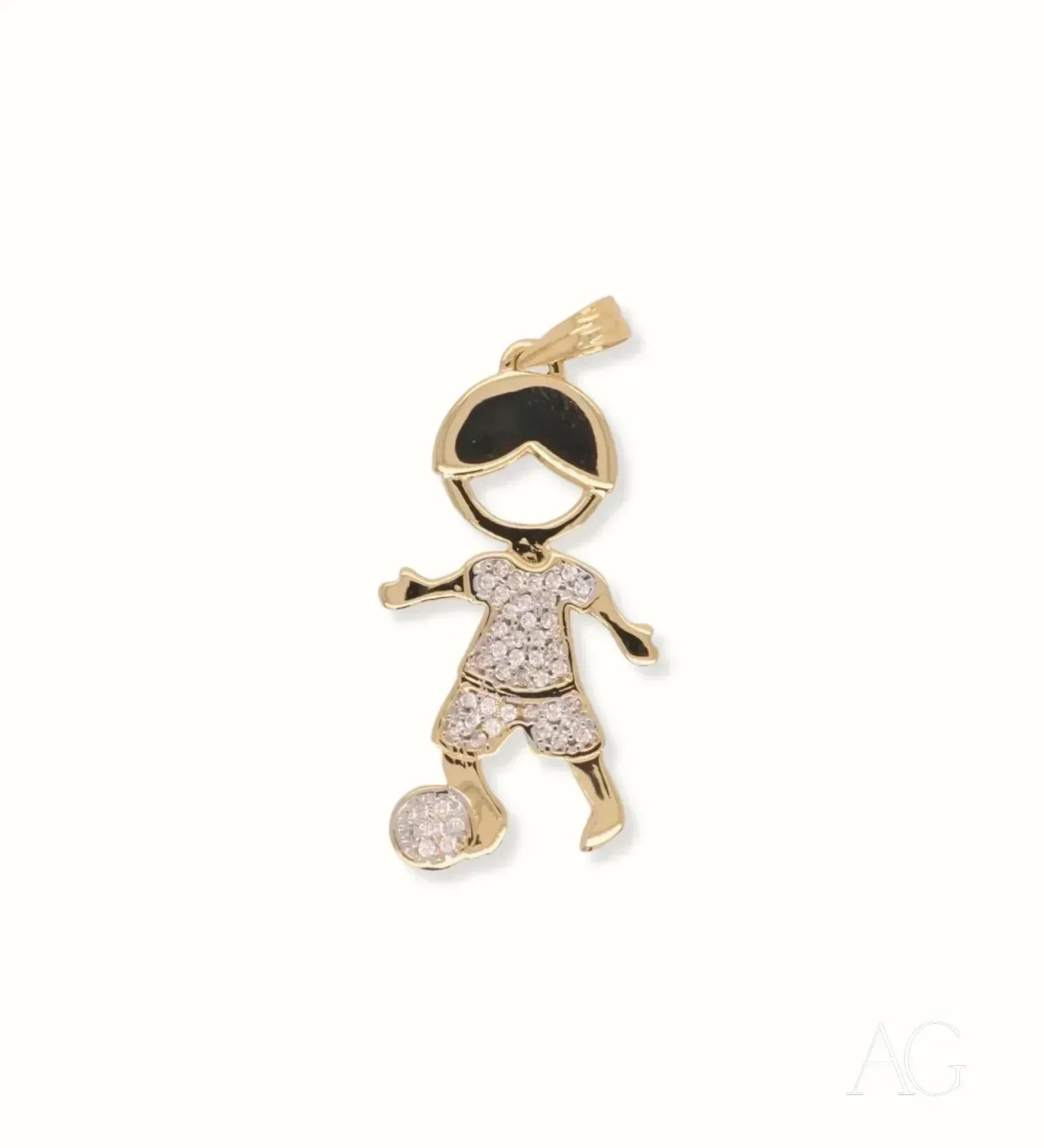 Enchanting 18K gold Boy doll pendant with CZ clothing and soccer ball on white