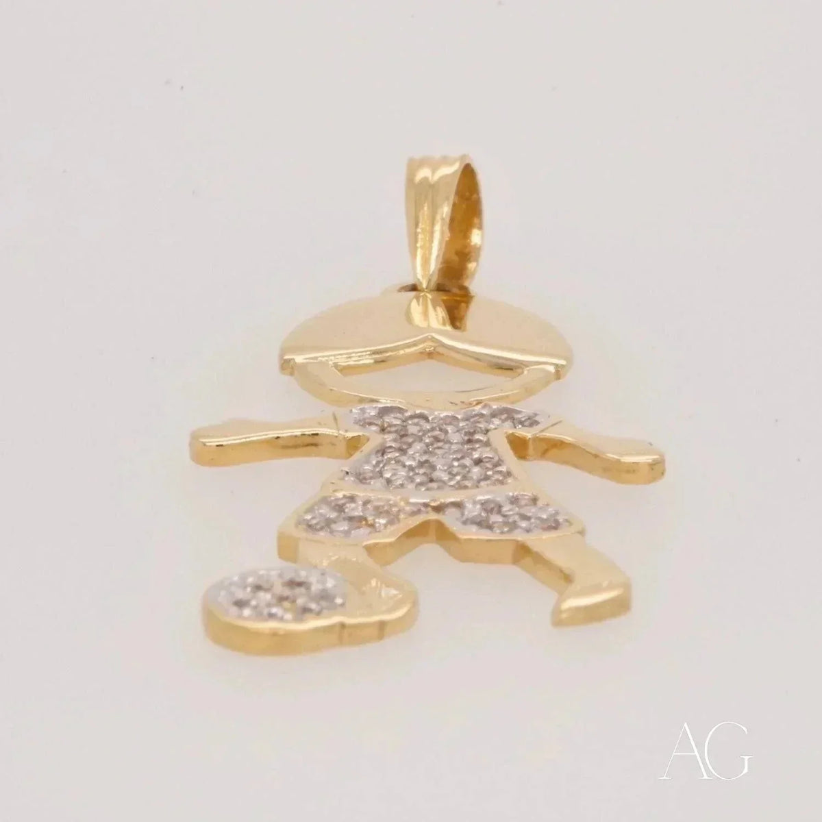 Angled view of Enchanting 18K gold Girl doll pendant with CZ accents