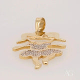 Low-angle view of Enchanting 18K gold Girl doll pendant with CZ dress