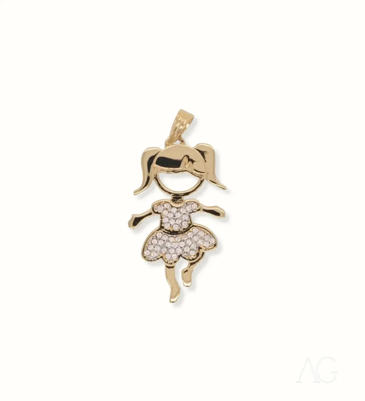 Enchanting 18K gold Girl doll pendant with sparkling CZ dress on a white background