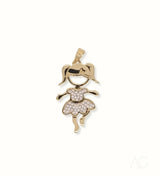 Enchanting 18K gold Girl doll pendant with sparkling CZ dress on a white background