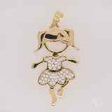Enchanting 18K gold Girl doll pendant with sparkling cubic zirconia on white