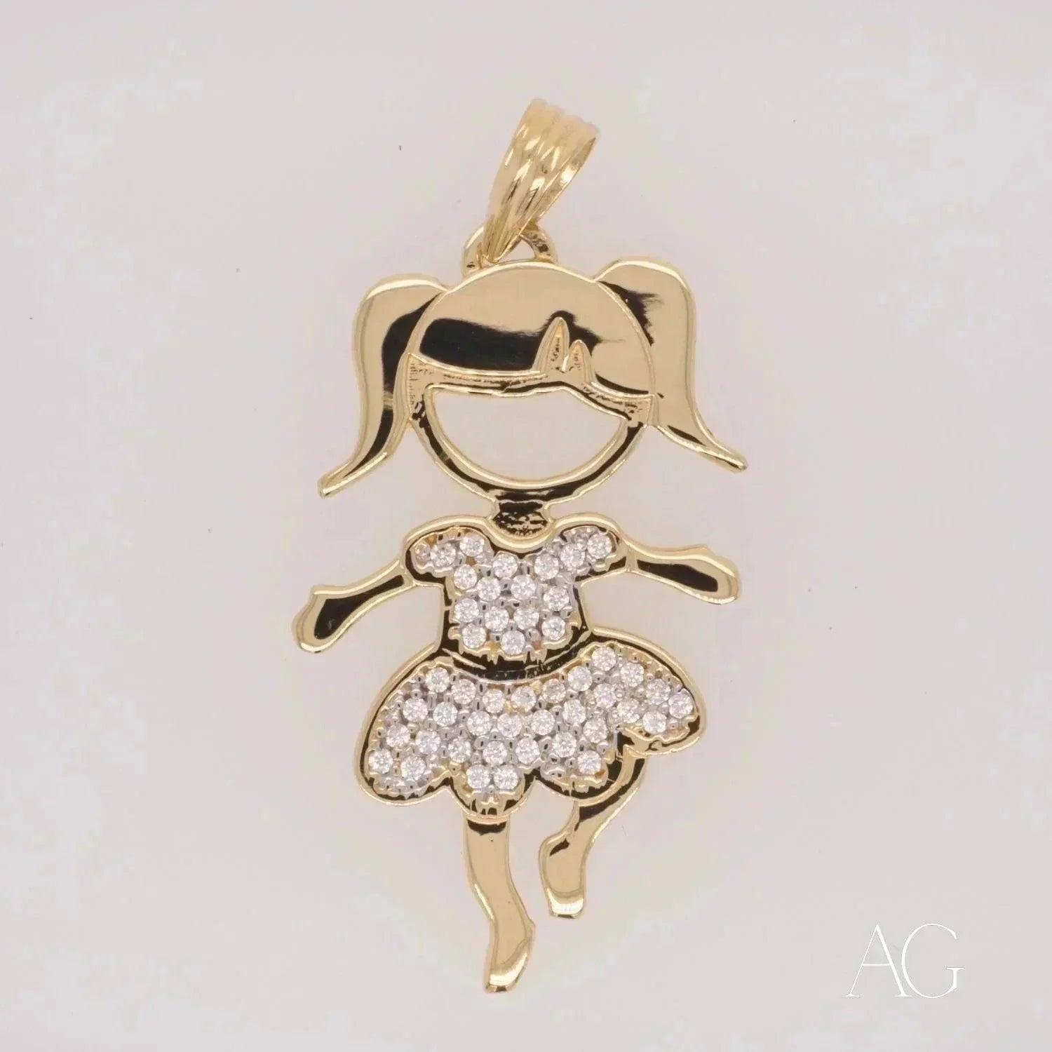 Enchanting 18K gold Girl doll pendant with sparkling cubic zirconia on white