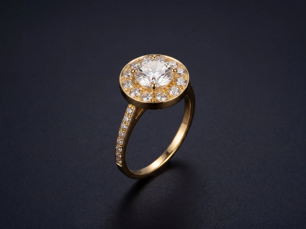 Star halo engagement ring in 18K gold, three-quarter view with diamond center and pavé band