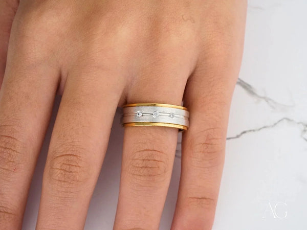 Eternal Duo gold wedding band with two-tone silver, three inset diamonds
