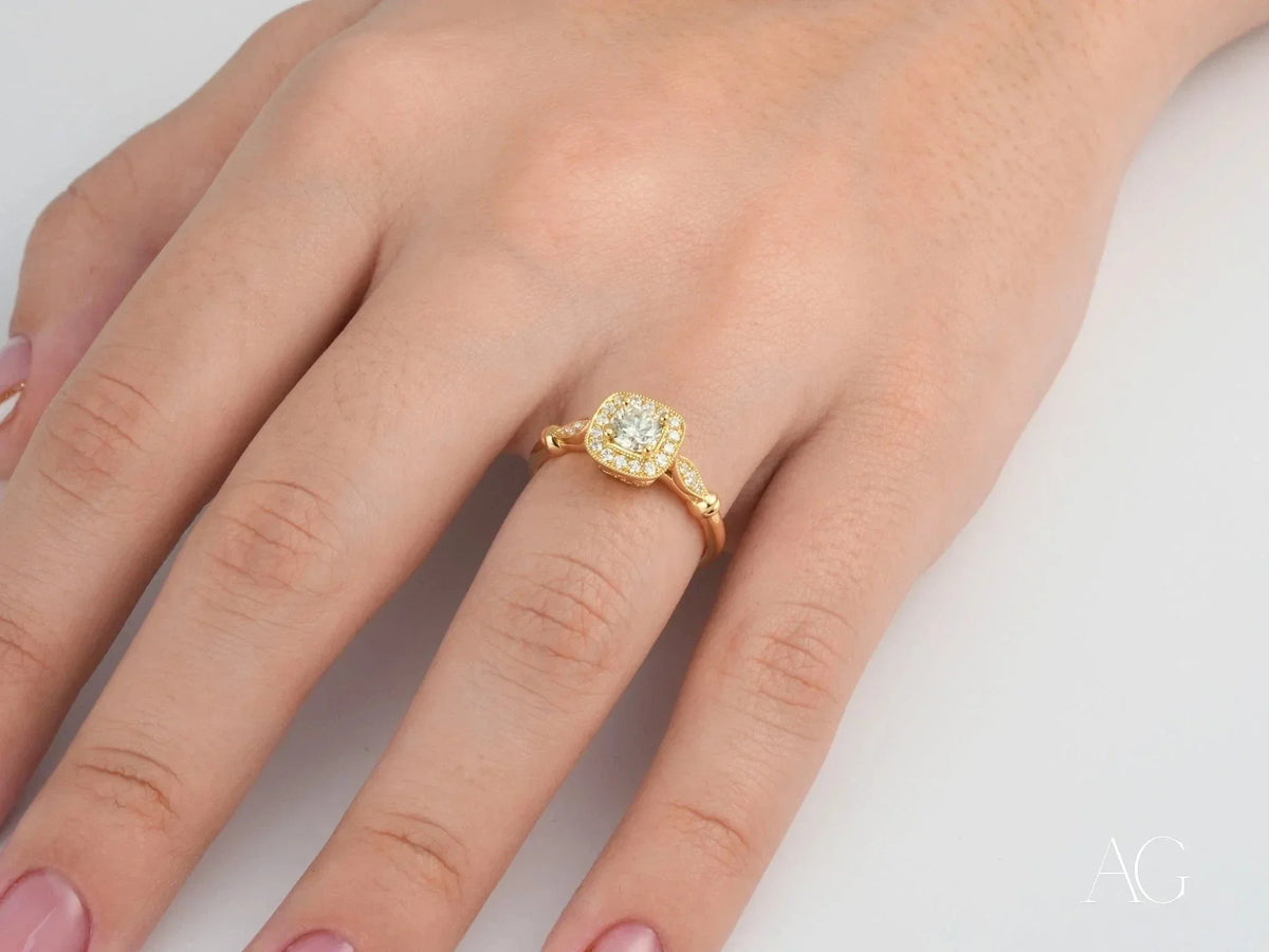 Eternal Embrace yellow gold ring with cushion diamond halo design