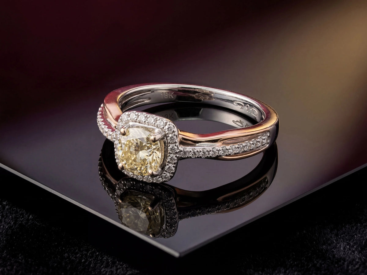 Eternal Promise two-tone gold jewelry ring with yellow diamond halo
