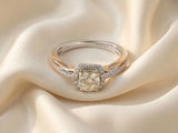 Eternal Promise 18k white gold ring with cushion-cut diamond halo