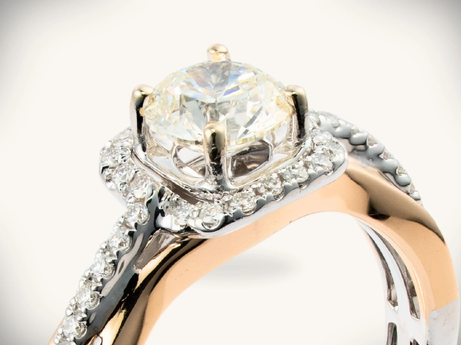 Eternal Promise two-tone diamond halo ring in rose and white gold jewelry