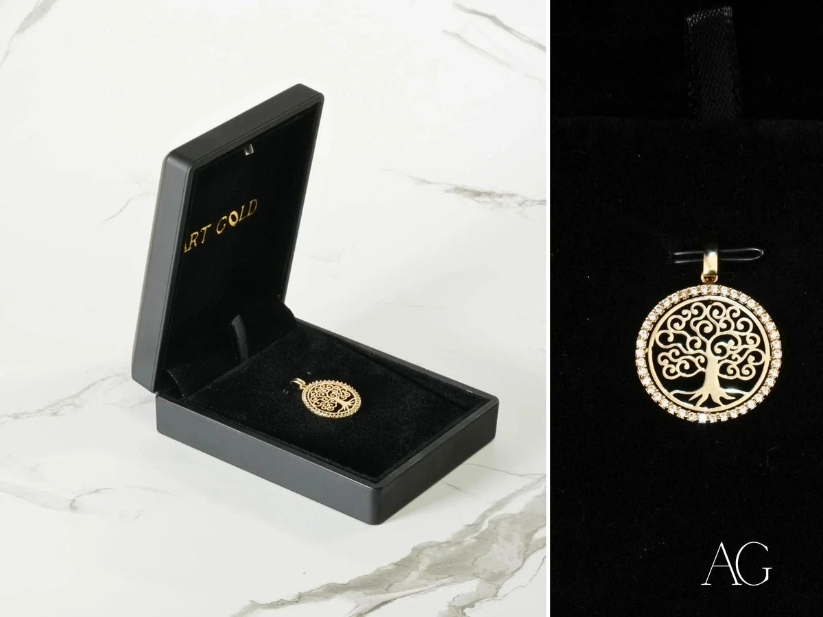 Eternal Roots Tree of Life gold pendant with gemstone ring