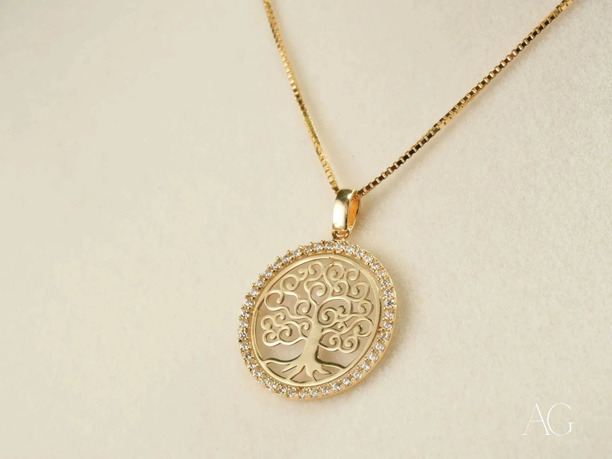 Eternal Roots gold Tree of Life pendant with clear stones