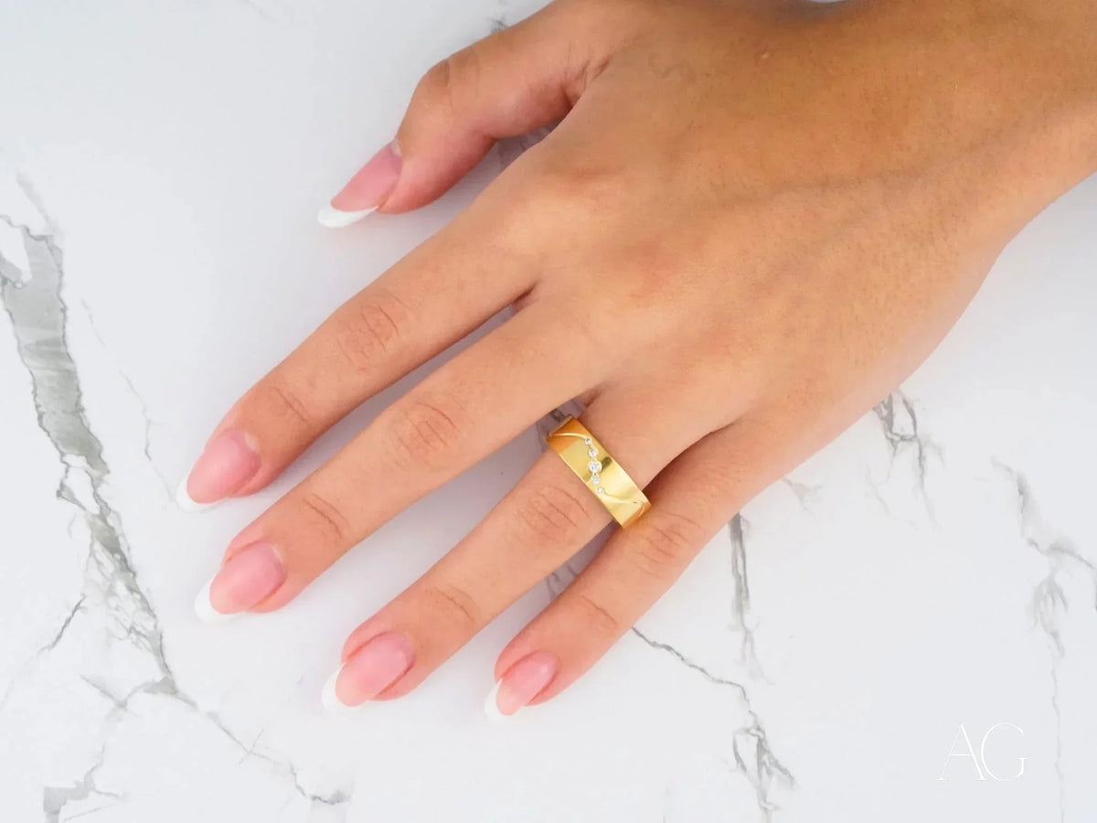 Eternal Wave Wedding Band with three diagonal diamonds