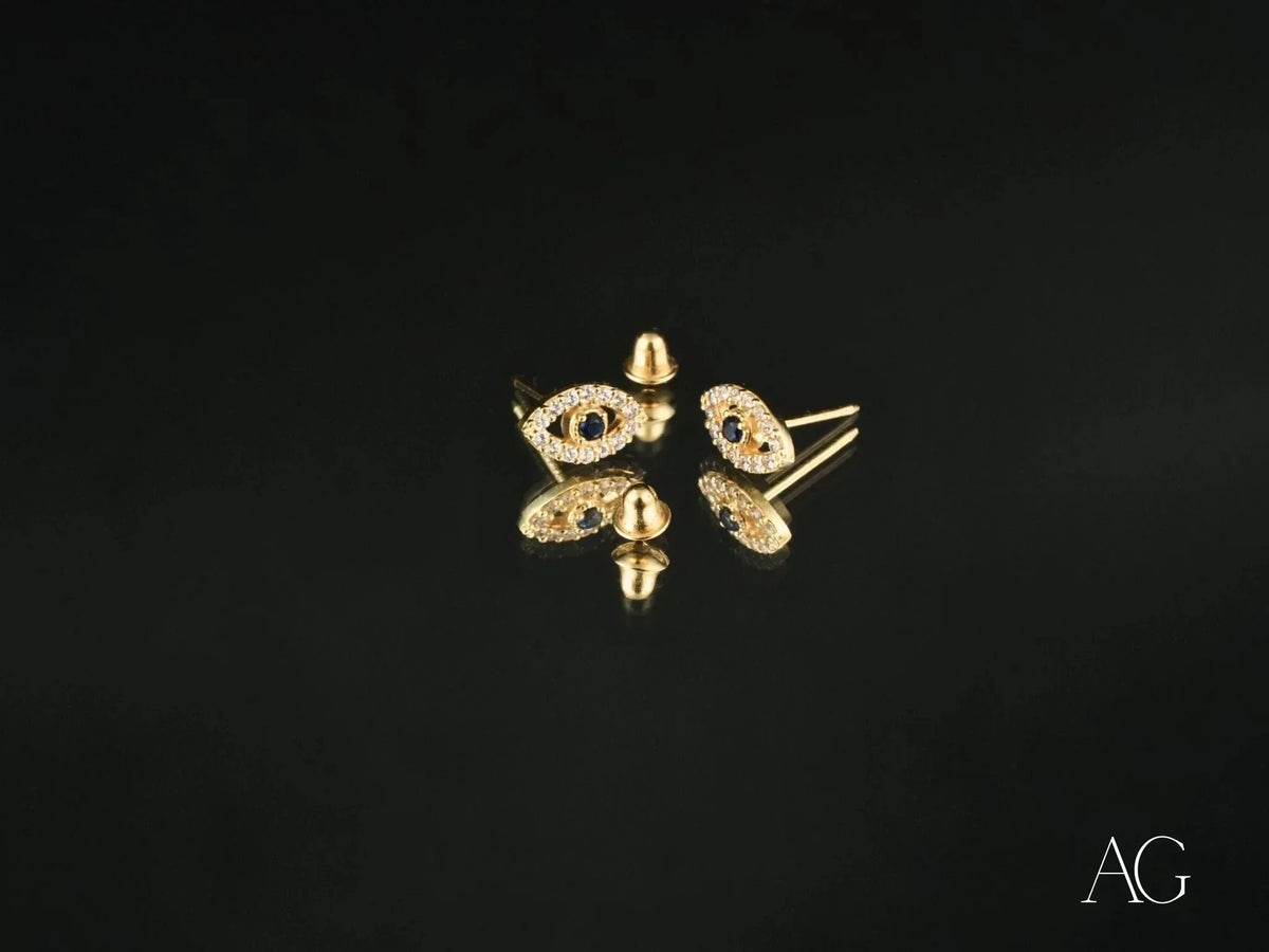 Certified 18k solid gold evil eye stud earrings with pave diamonds and sapphire