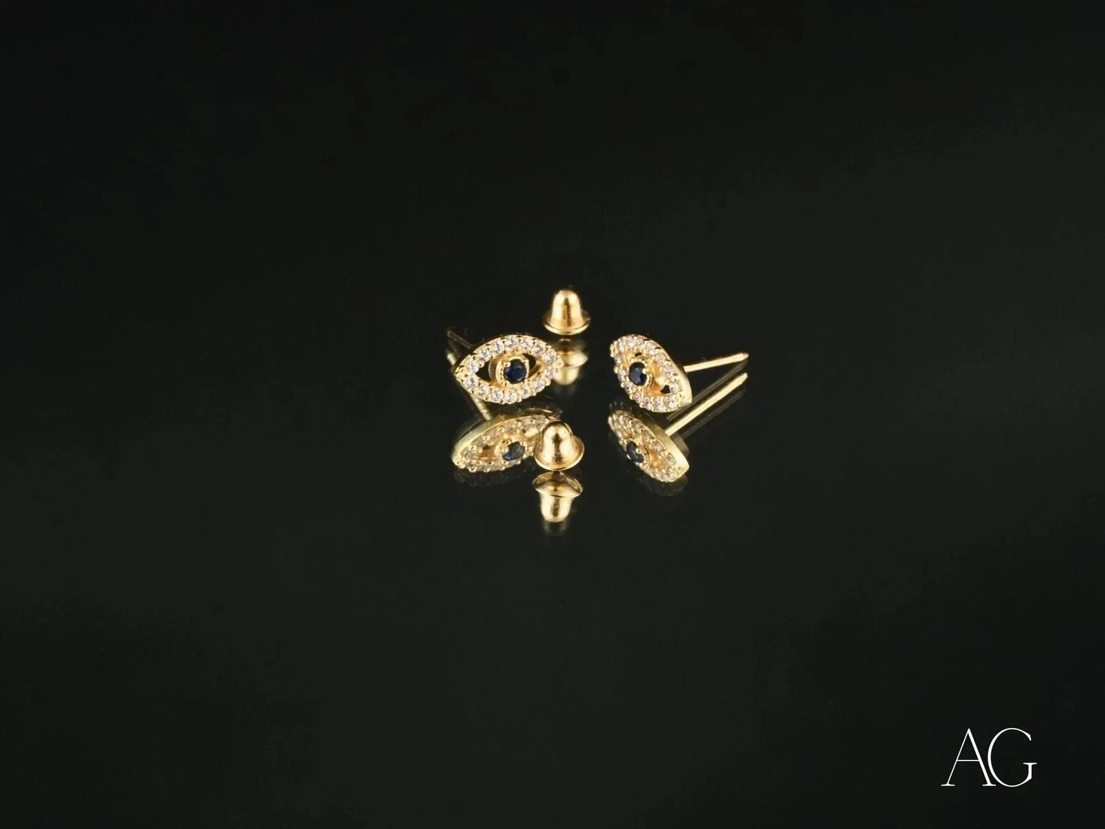 Certified 18k solid gold evil eye stud earrings with pave diamonds and sapphire