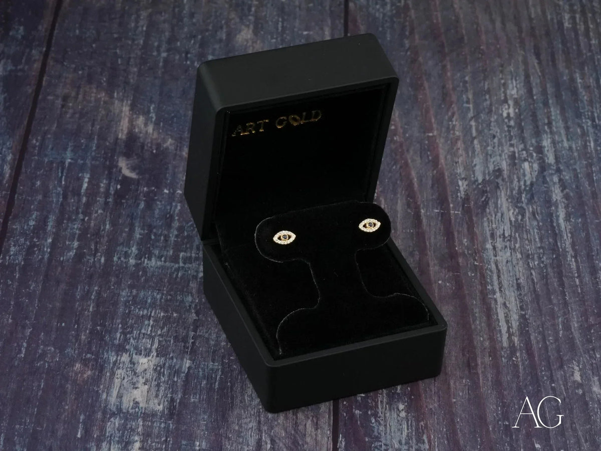 Evil Eye CZ earrings with certified 18k solid gold studs in velvet box