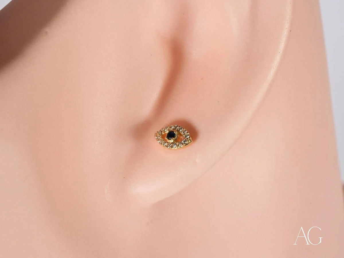 Certified 18k solid gold evil eye CZ stud earring with clear and black gems