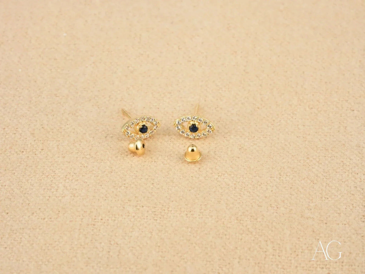 Evil Eye CZ Earrings: Certified 18k Solid Gold Studs with Stones