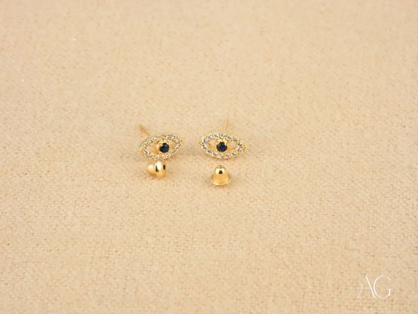 Evil Eye CZ Earrings: Certified 18k Solid Gold Studs with Stones