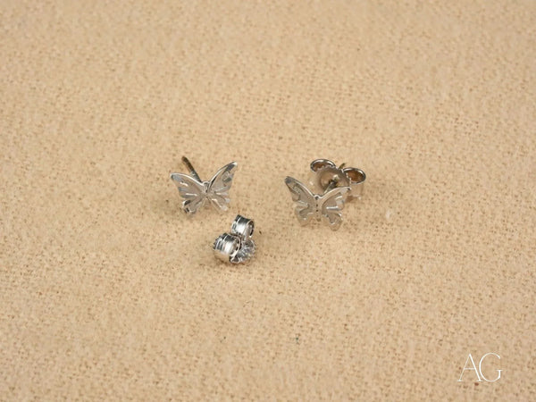 FlutterGleam white gold butterfly stud earrings with silver and cubic zirconia