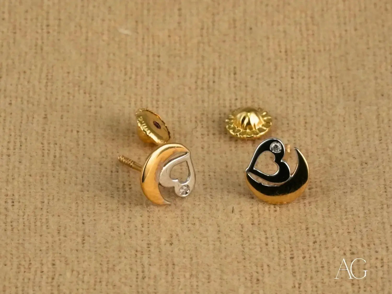 Stunning 18k gold heart-and-moon stud earrings with diamond accents