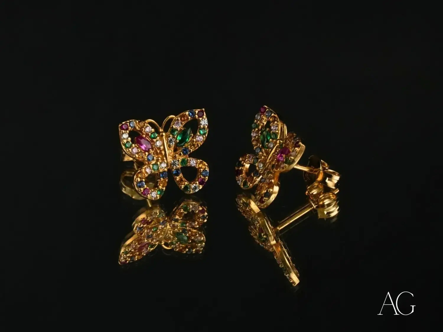 18K gold earrings - Colorful Flight – 18K Gold Multicolor CZ Butterfly Earrings