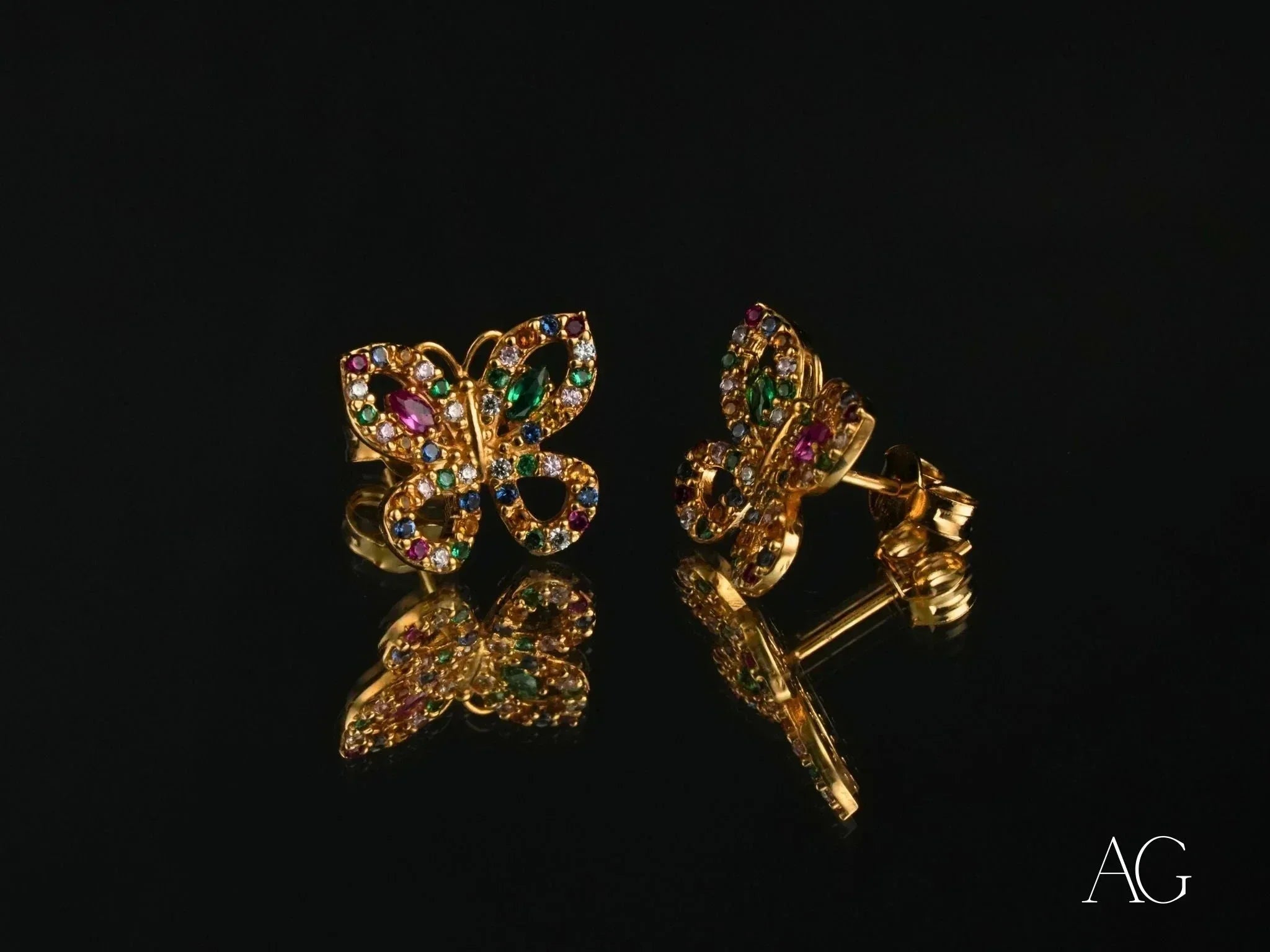 18K gold earrings - Colorful Flight – 18K Gold Multicolor CZ Butterfly Earrings