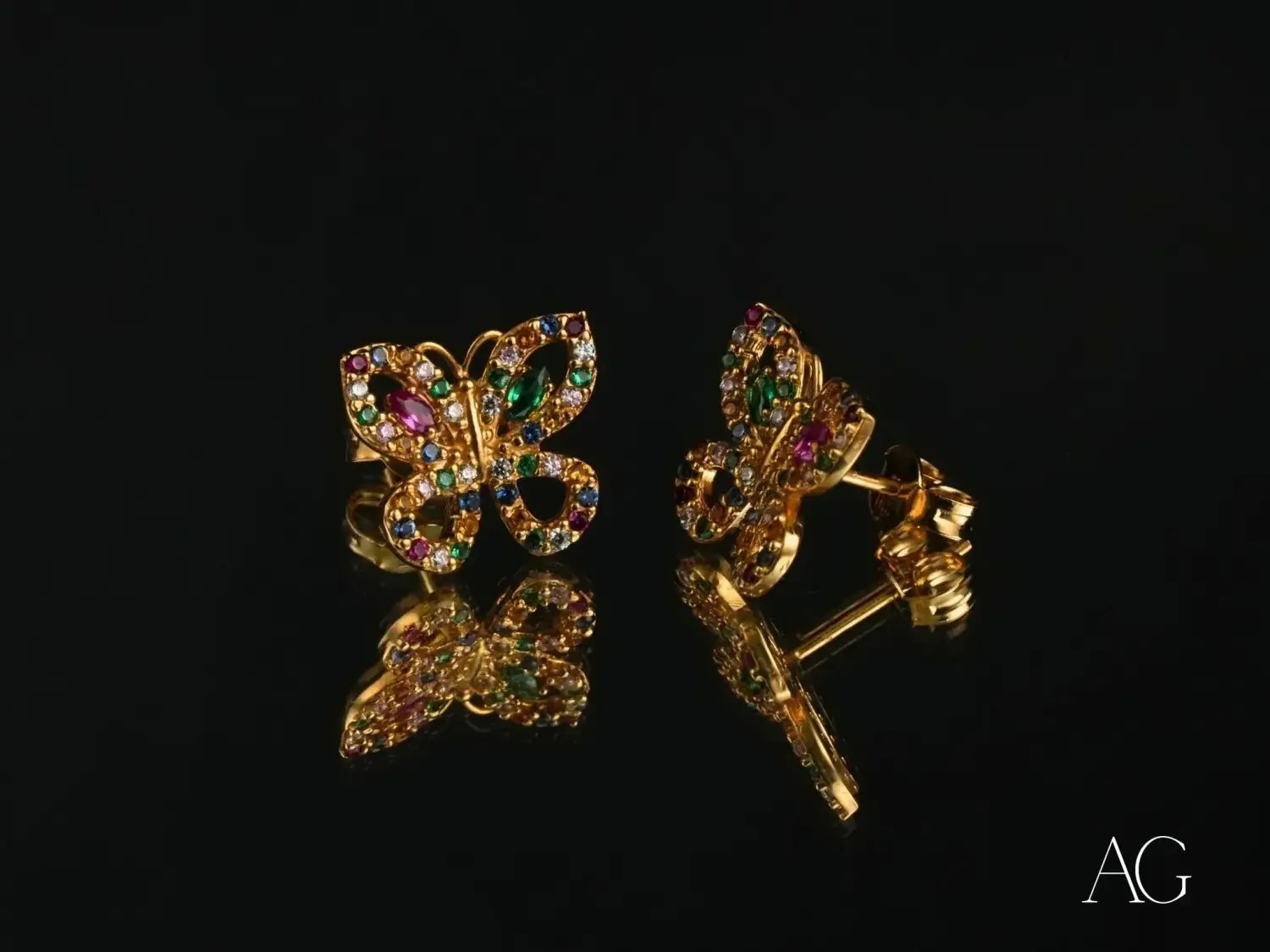 Stunning 18k gold butterfly stud earrings with colorful gemstones