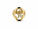 Gold-colored ring featuring an ornate, engraved monogram ’r’ within a polished oval frame.