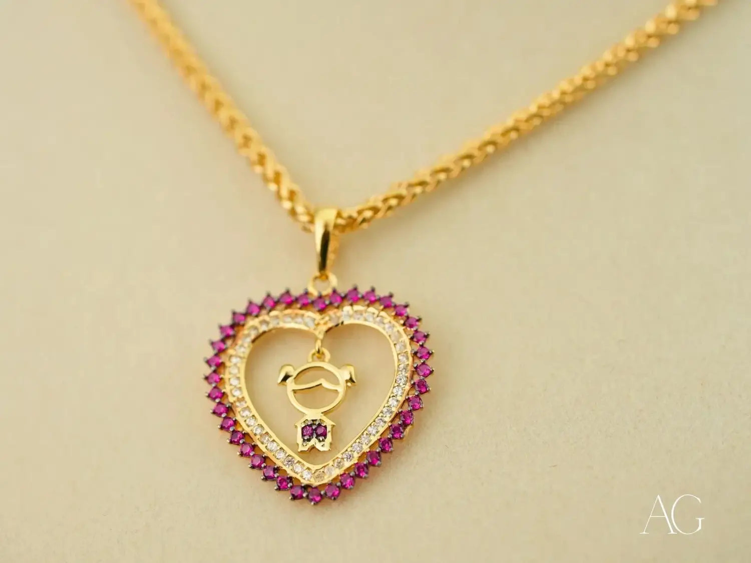 18k gold heart pendant necklace with cartoon girl and rhinestones