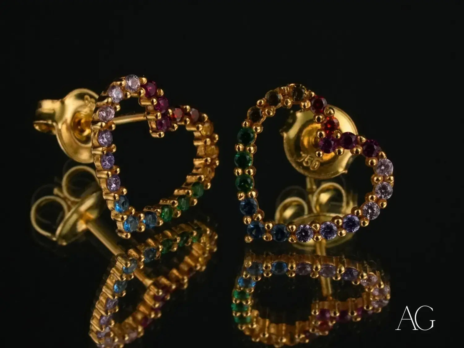 Lost royal gold heart stud earrings with gemstones, Hope Diamond style