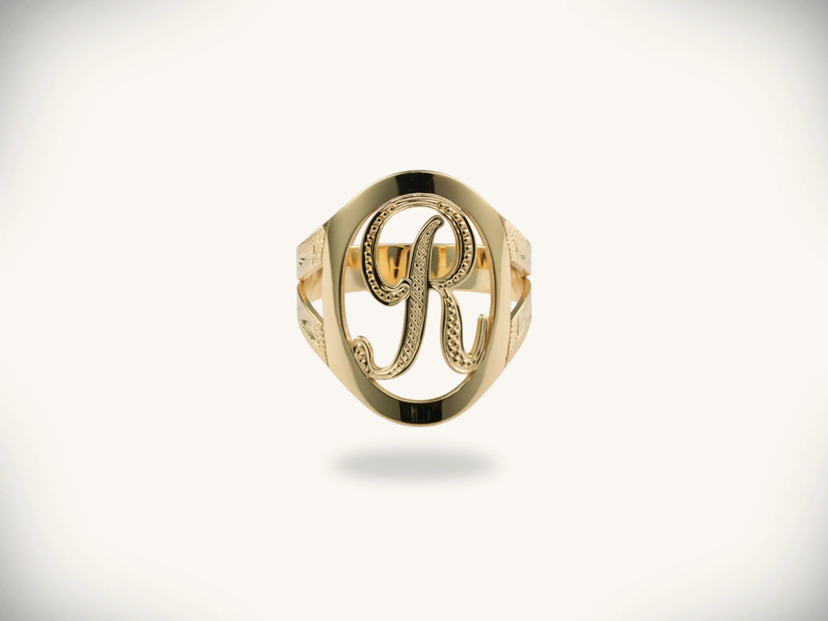 Elegant 14k gold initial letter ring with R monogram and diamond accents
