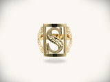 Elegant 14k gold initial letter ring with monogrammed S and leaf design