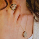 14k gold initial letter ring with pavé teardrop pendant