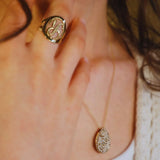14k gold initial letter ring with pavé teardrop pendant