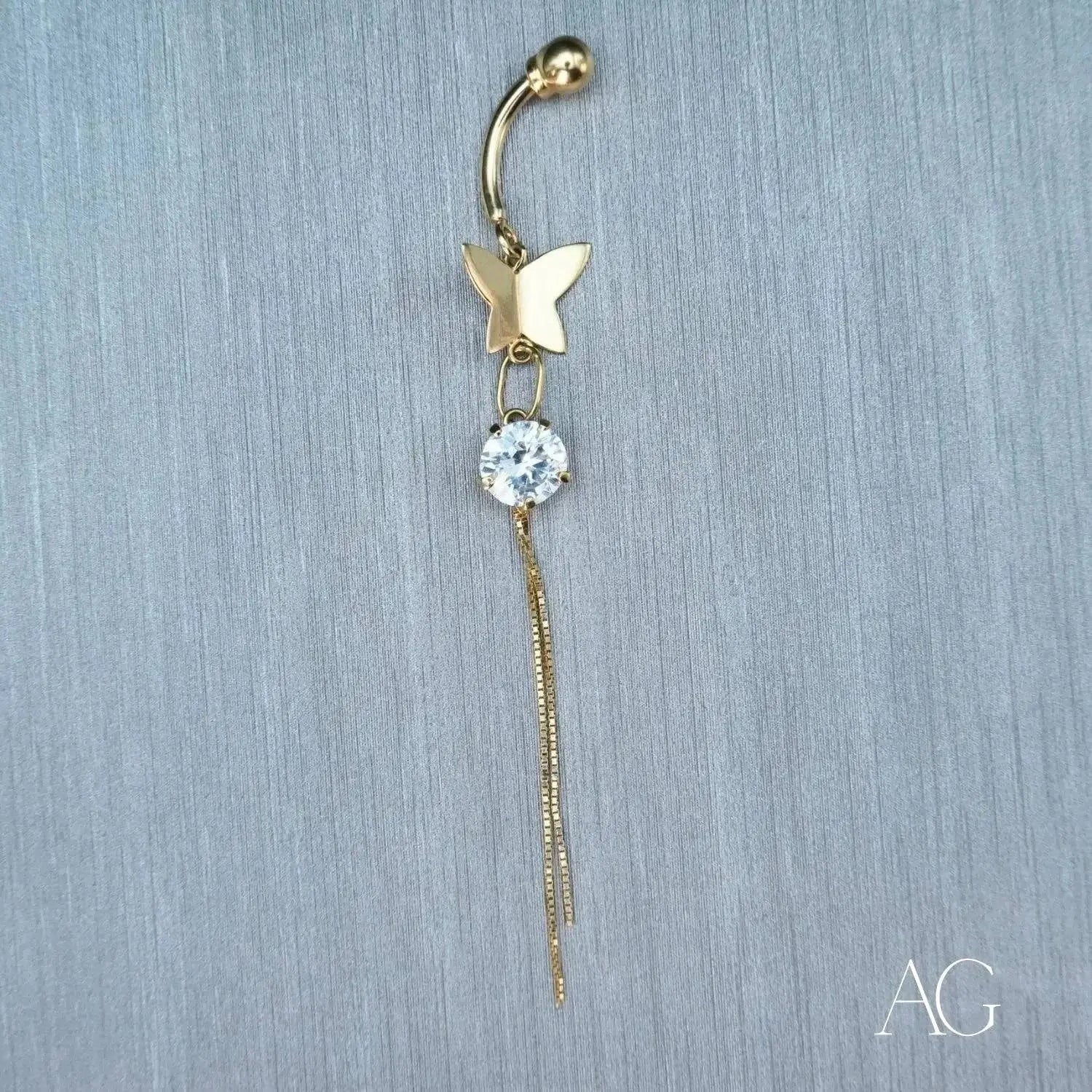 Timeless 18k art gold jewelry: butterfly belly ring with crystal and tassels