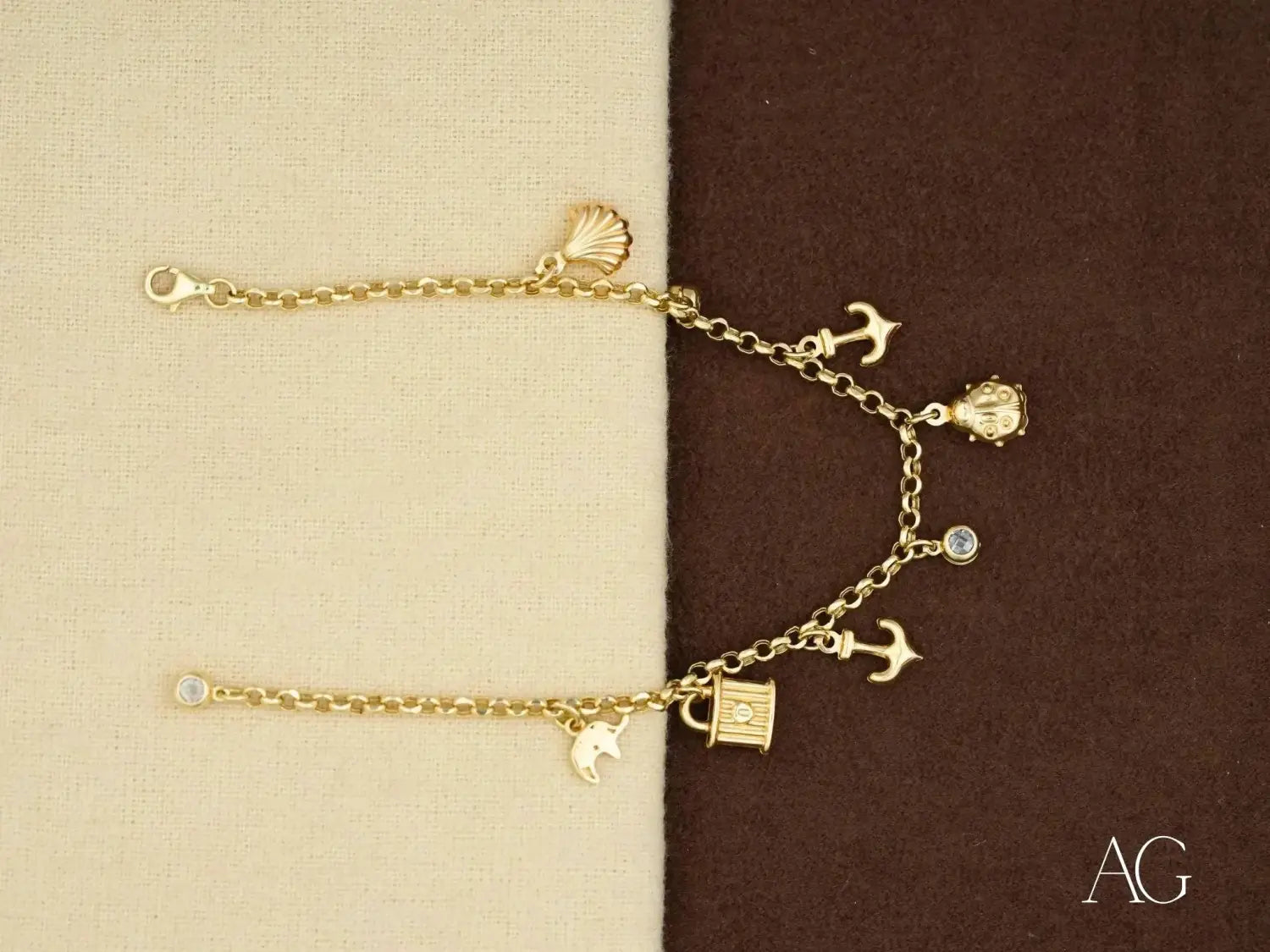 18k gold jewelry charm bracelet with nautical whimsical charms