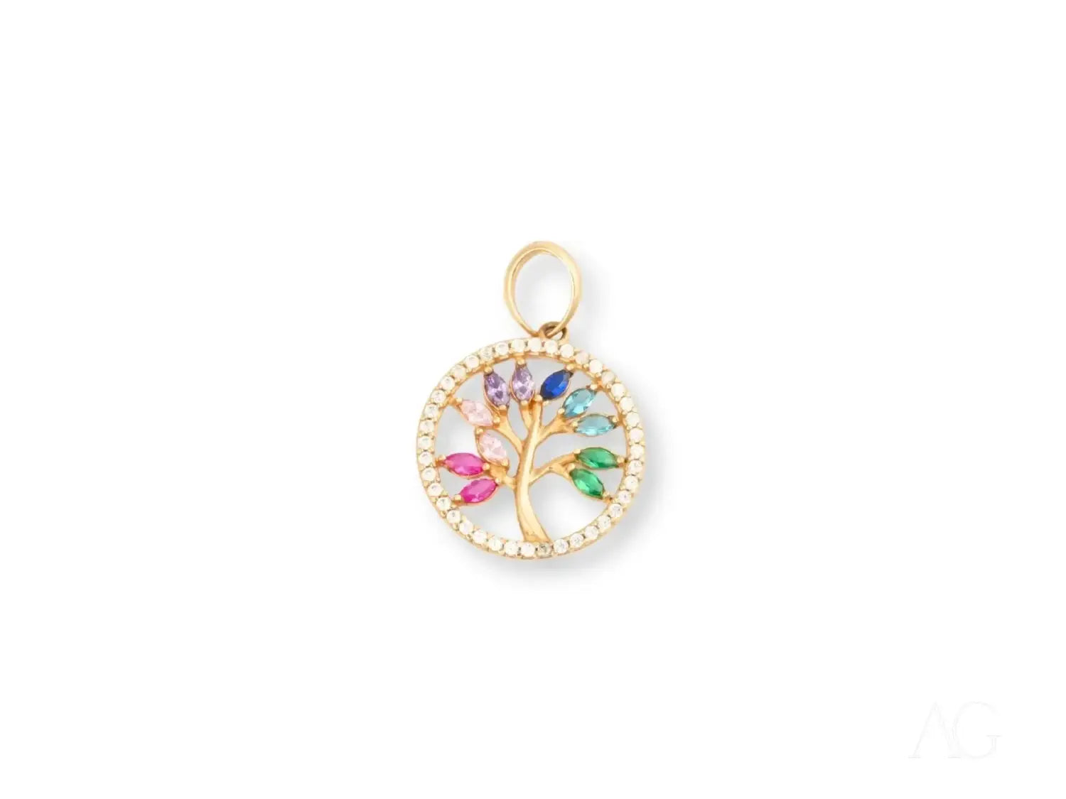Gold-toned tree of life pendant with cursed gems in art gold jewelry display