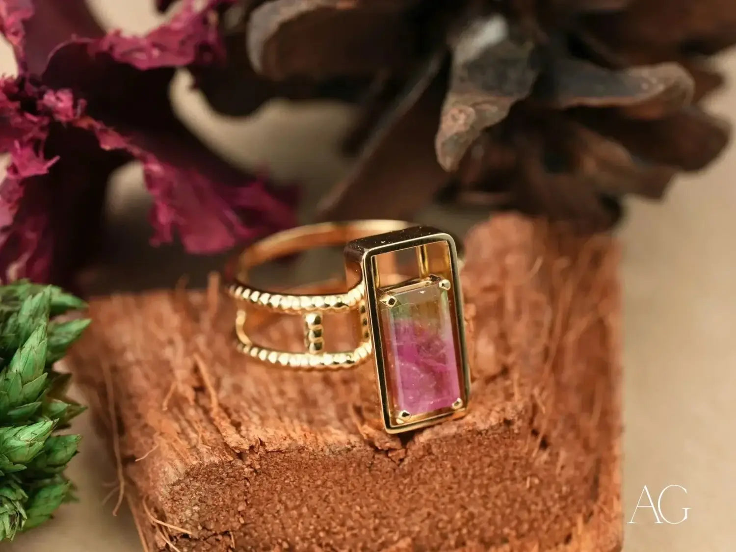 Harmony Stone Ring: 18K Yellow Gold Bi-Color Pink and Green Tourmaline Ring