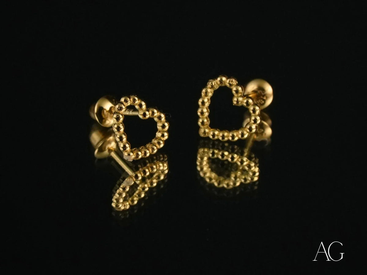 Golden Bead Heart: 18k Gold Heart Earrings with Beaded Design