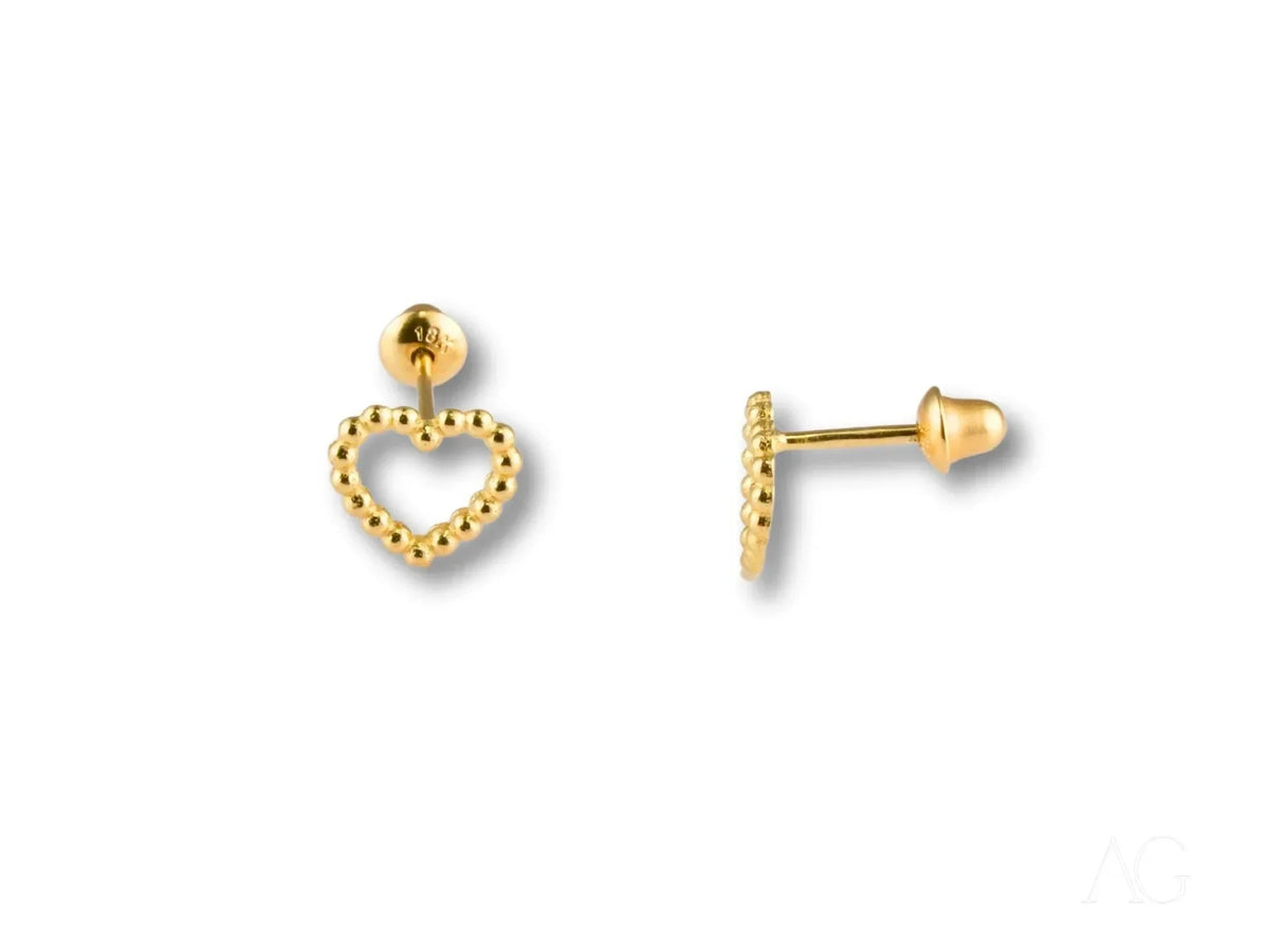 Golden Bead Heart: 18k gold heart earrings with beaded texture