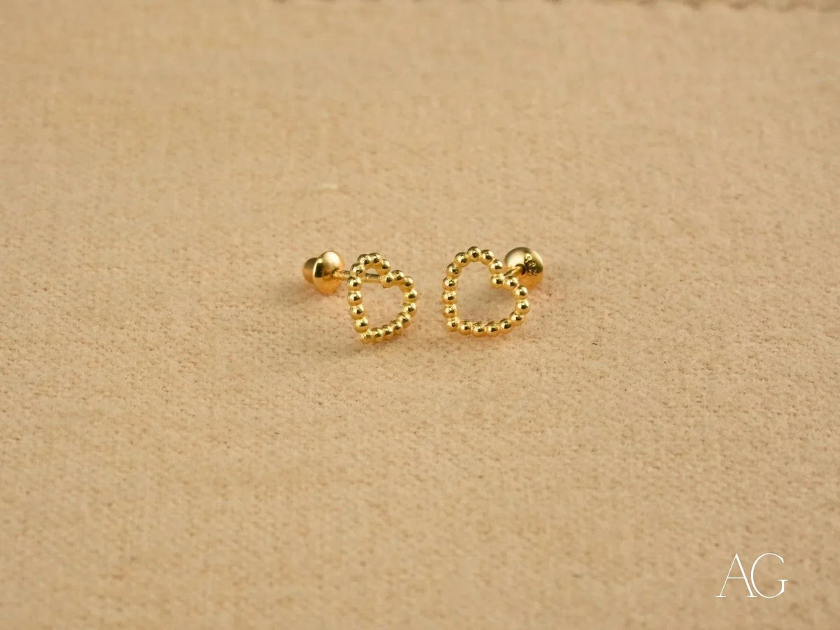 Golden Bead Heart: 18k Gold Heart Earrings with Beaded Stud Design